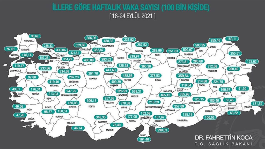 İllere göre her 100 bin kişide görülen Kovid-19 vaka sayıları açıklandı